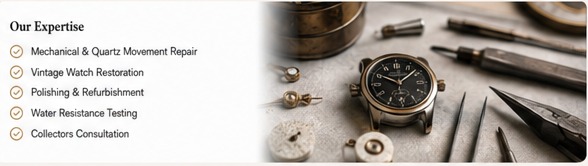 Watch and tools on a workshop bench